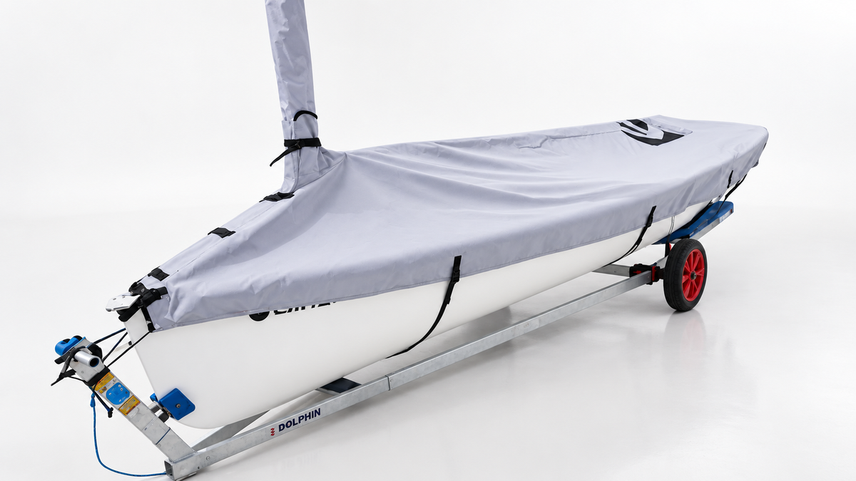 Ripper Sailing Finn regatta top cover fitted over a rigged boat
