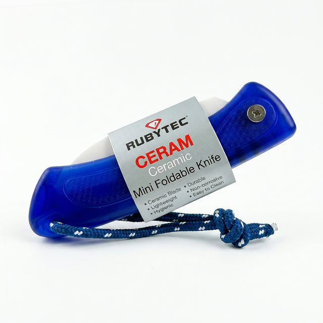 Blue and white knife with a rope handle on a white background