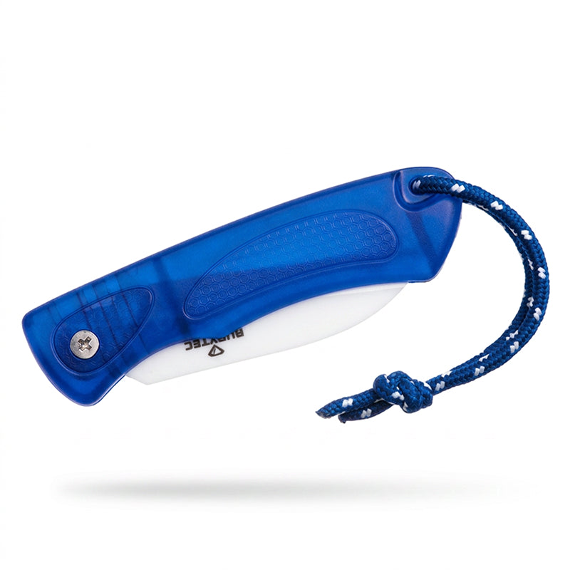 Blue and white knife with a rope handle on a white background