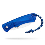 Blue and white knife with a rope handle on a white background