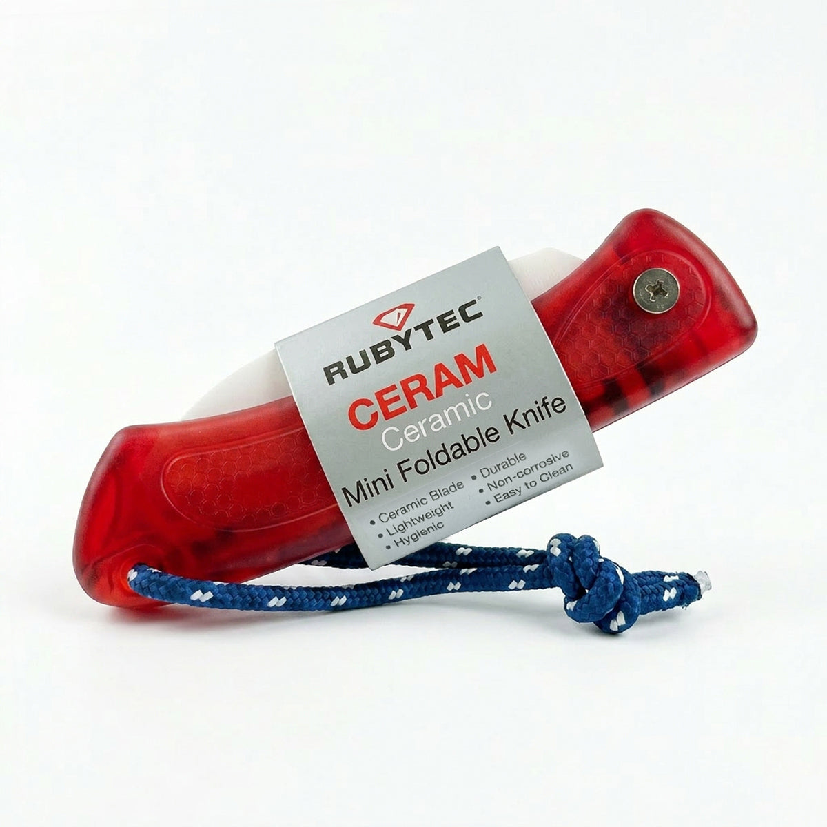 Red and white pocket knife with a blue lanyard on a white background
