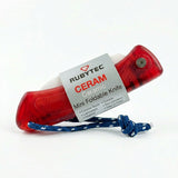 Red and white pocket knife with a blue lanyard on a white background