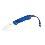 Blue folding knife with a white blade on a white background