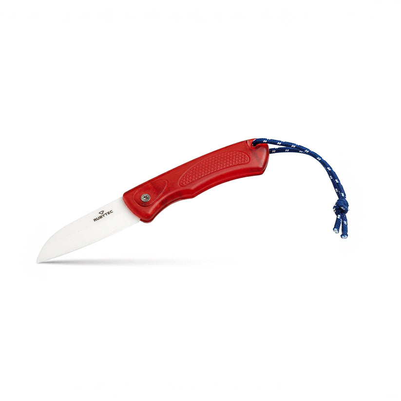 Red folding knife with a white blade on a white background